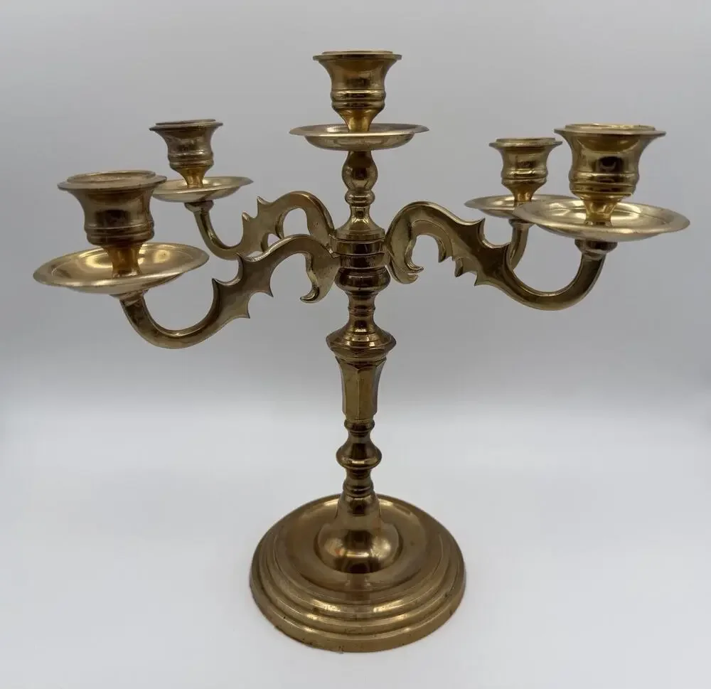 Vintage 5-Arm Brass Candelabra 11” Tall Mid-Century Modern Candlestick Holder